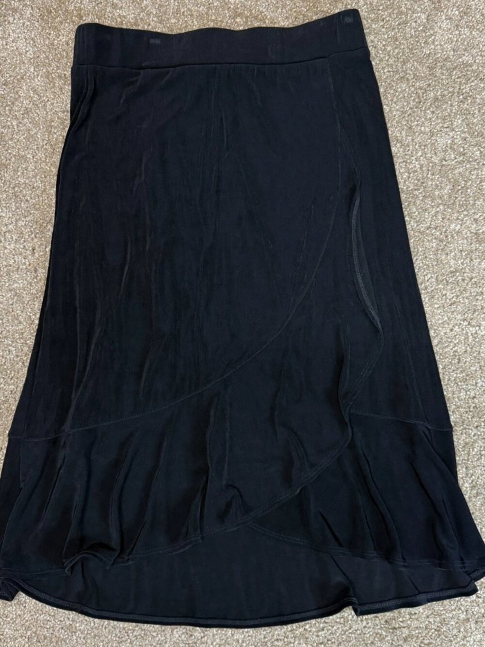 Chico's Travelers Packable Skirt 2 Heather Black Jersey‎ Knit Stretch Ruffle Hem